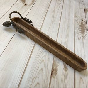 Narrow rustic wood bowl with oak leaves and acorn accent